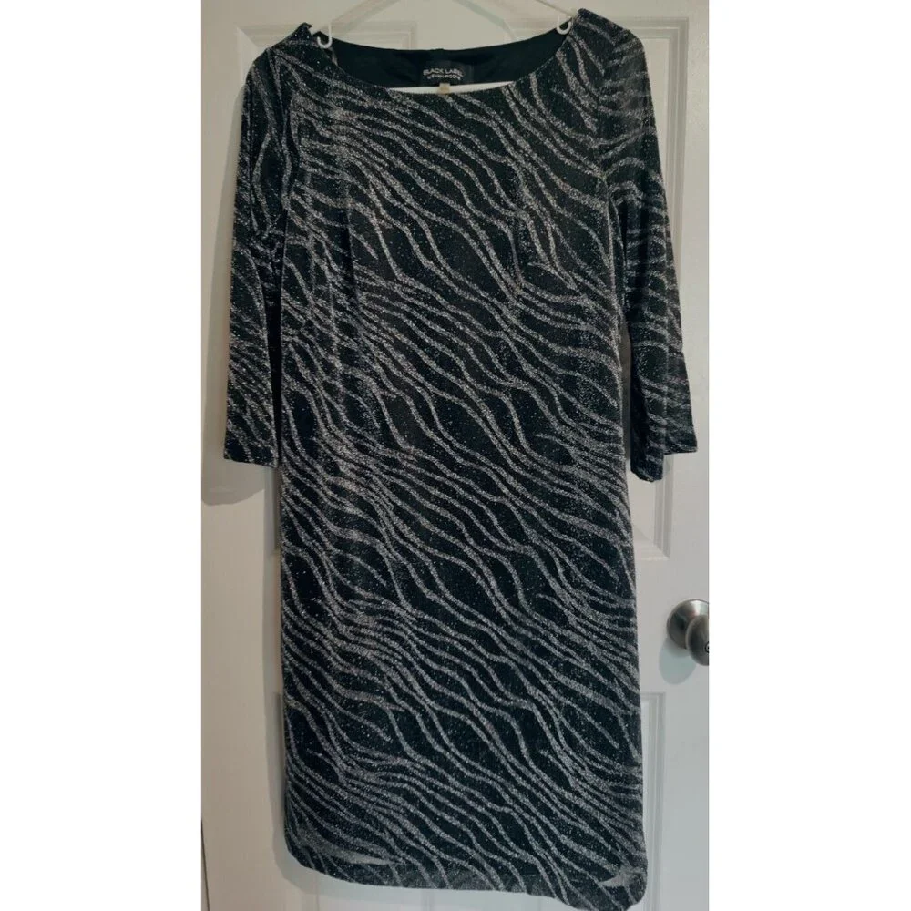 Black Label Evan Picone Black Silver 3/4 Sleeve Knee-Length Shift‎ Dress 6